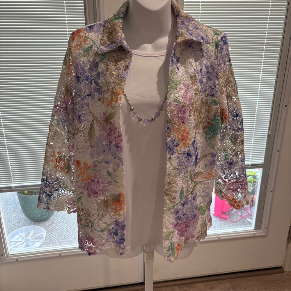 Alfred Dunner Multicolor Floral Lace Button Down Shirt